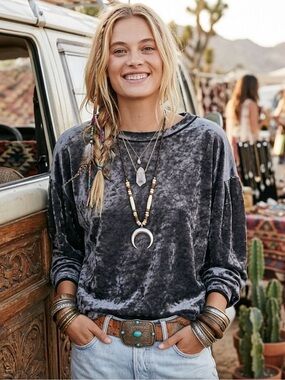 Free People We The Free Milan Crushed Velvet Layering Pullover Top Gray Small